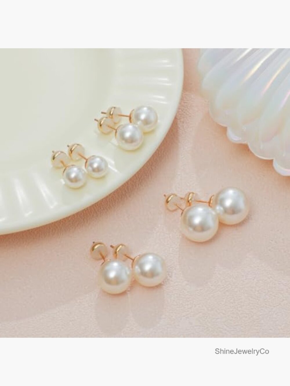 4 Pairs Pearl Stud Earrings Set 8-14mm Hypoallergenic Gold Plated - Picture 5 of 7